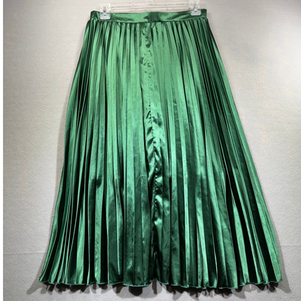 Allegra K Green Satin Pleated Midi Skirt Womens S Emerald A-Line Party Holiday
